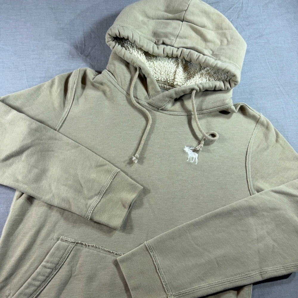 Abercrombie‎ & Fitch Hoodie Womens XS Tan Excellent Sherpa Lined Moose Logo